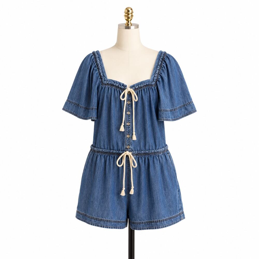 Free People County Line Denim Romper NWOT Size Small Boho Cotton